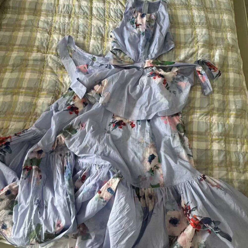 Zimmermann Blue Floral Cutout Maxi Dress Tie Waist Tiered Size 0 (US 2) - Picture 13 of 14